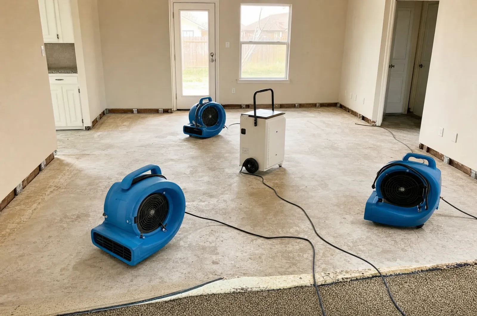 Air movers and a dehumidifier drying a room after carpet removal