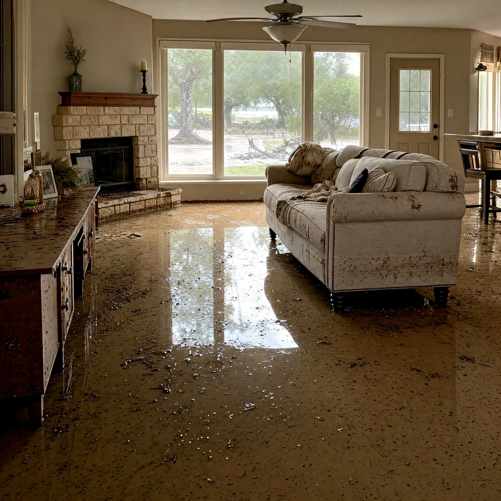 Floodwater inside a Texas home after a storm