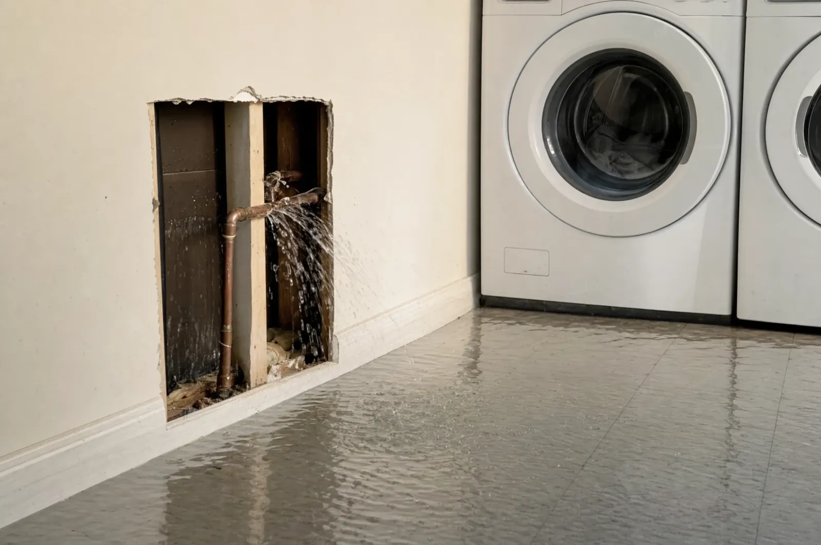 Burst copper pipe spraying water through an opened wall in a laundry room