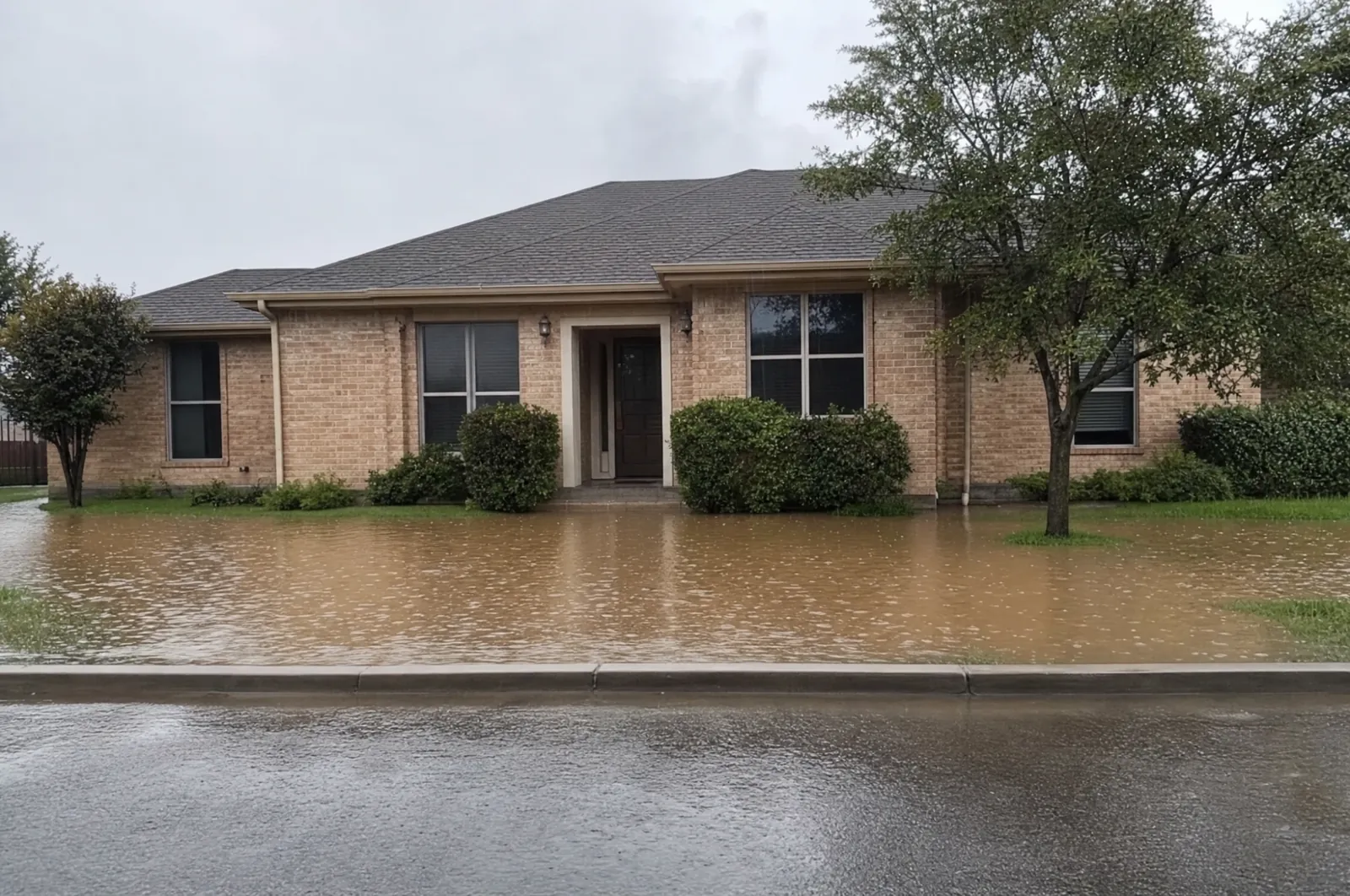 Brown floodwater surrounding a brick home