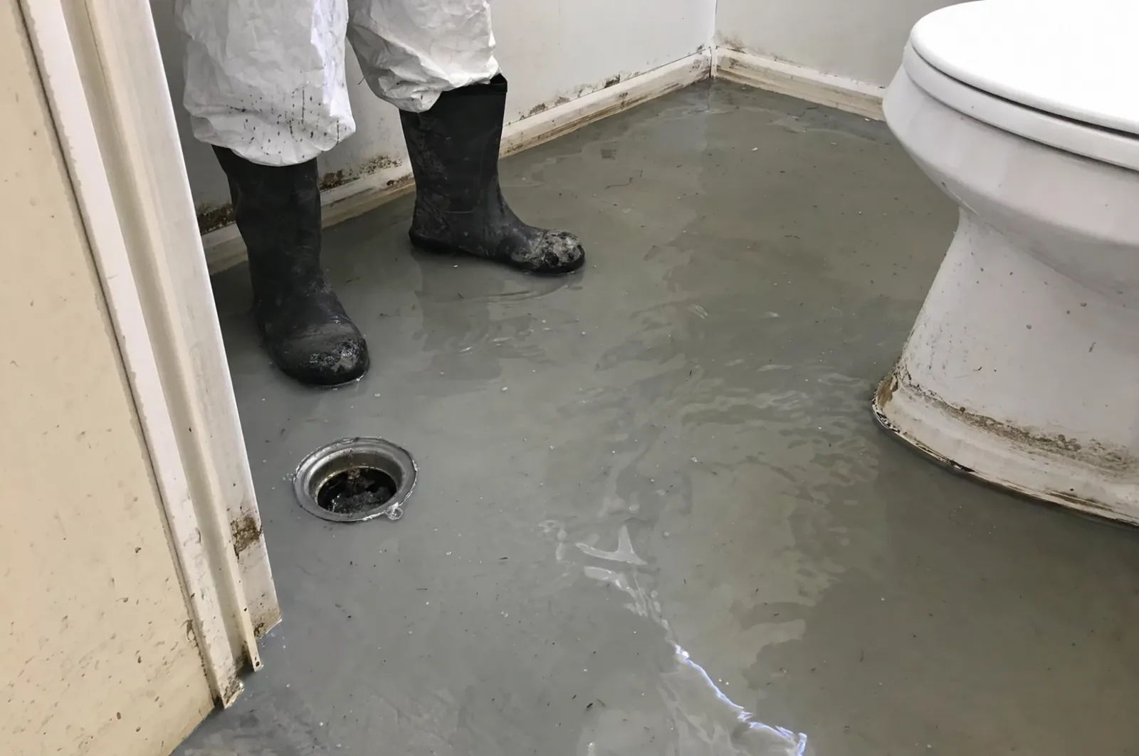Sewage backup on a bathroom floor around a floor drain