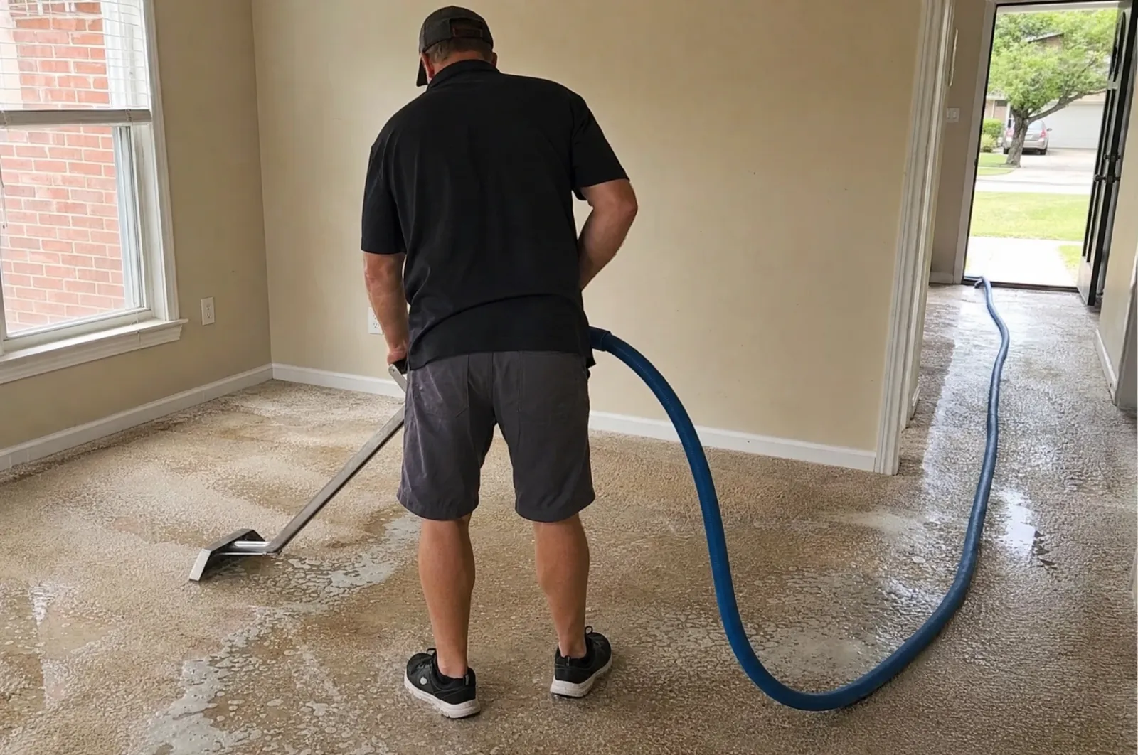 Technician extracting water from a soaked carpet with a wand and hose